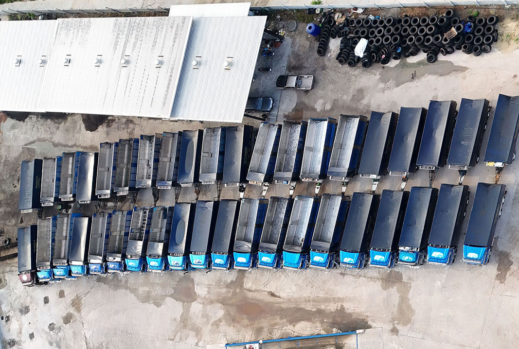 Trucks are lining up on top view